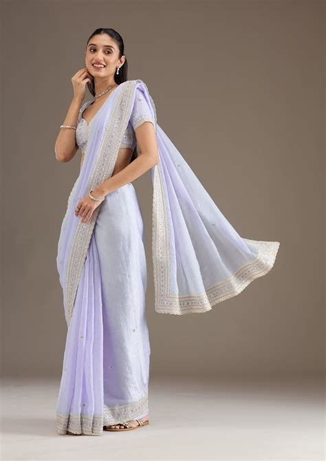 Buy Sky Blue Stonework Tissue Saree - Koskii