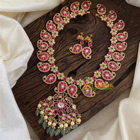 Removable Pendant Precious Jadau Kundan Maanga Haram Pastel Green Bead ...