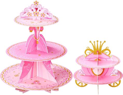 Amazon.com | Zopeal 2pcs Princess Party Cupcake Stand 3 Tier Princess Theme Cardboard Cupcake ...