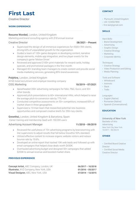 Creative Director Resumes Art Director CV Sample For 2025, Guide,