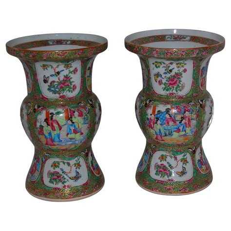 Pair of Large 19th Century Chinese Cantonese Floor Vases on Carved Wood ...