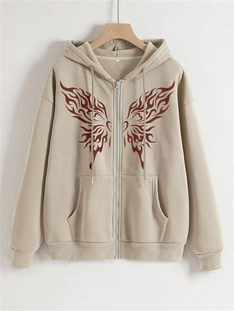 INAWLY Butterfly Print Drop Shoulder Drawstring Zipper Thermal Hoodie ...