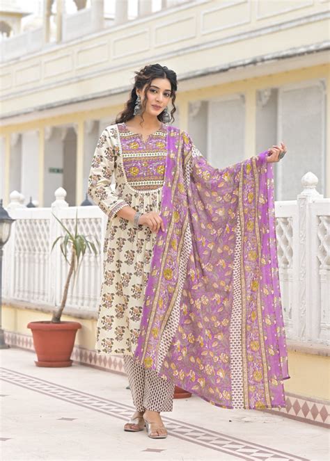 Pure cotton lace detailing suit set– Aashvi Couture