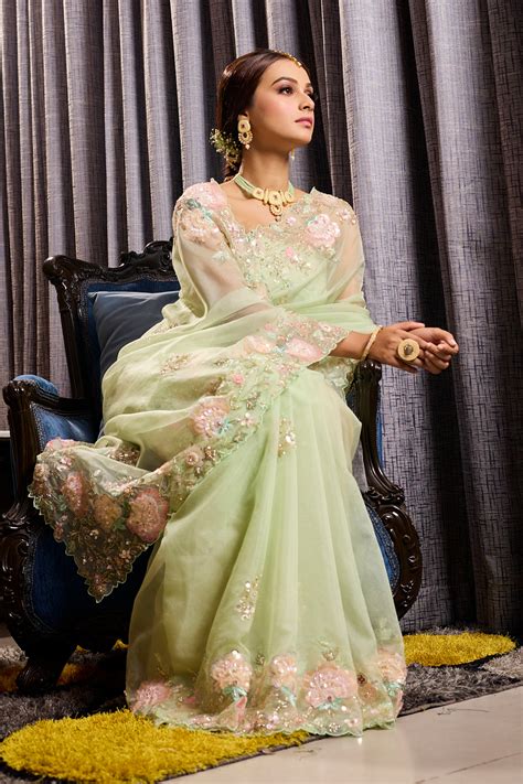 Pista Patchwork Organza Saree – Aparnaa Sarees