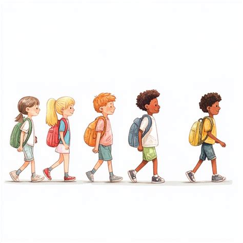 Children illustration featuring school student walking in a line ...