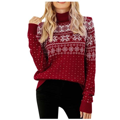 Christmas Sweater for Women Snowflake Long Sleeve Turtleneck Knitted ...
