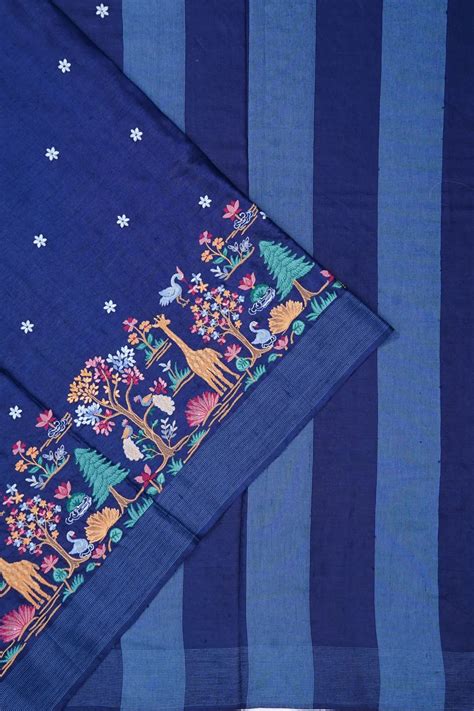 Tussar Embroidery Butta Dark Blue Saree | Kankatala