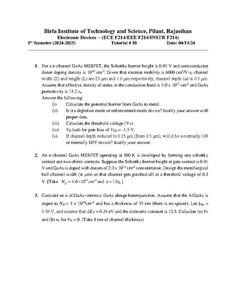 Tutorial 10 Problems - tut sheet 10 - Birla Institute of Technology and ...