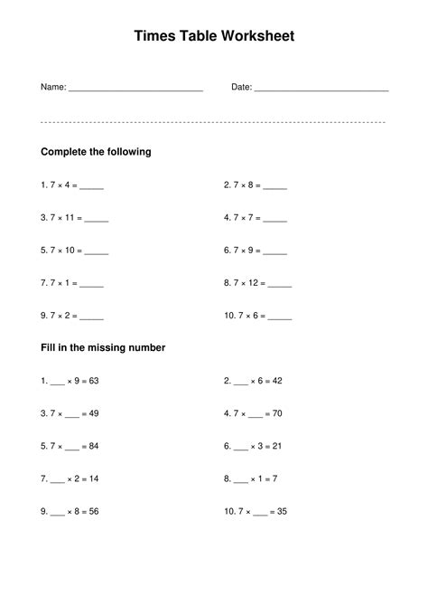 Image result for 7 Times Table Worksheet
