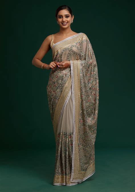 Buy Light Grey Threadwork Georgette Saree - Koskii