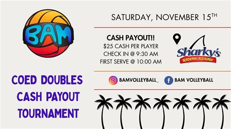 Coed Beach Doubles Cash Payout Volleyball Tournament, Sharky's ...