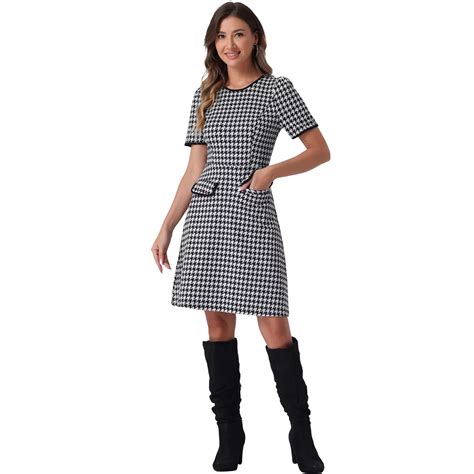 Plaid A-Line Dress for Women's Crewneck Contrast Trim Elegant ...