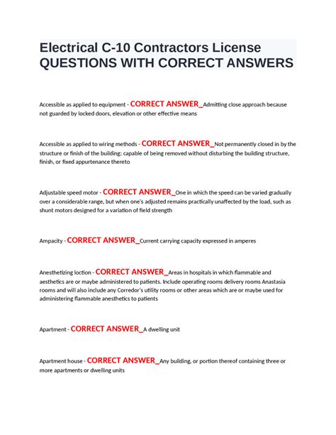 Electrical C-10 Contractors License QUESTIONS WITH CORRECT ANSWERS | Exams Nursing | Docsity