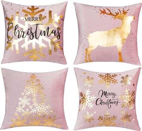 ONWAY Pink Gold Christmas Decorations Throw Pillow Covers 18x18 Set of ...