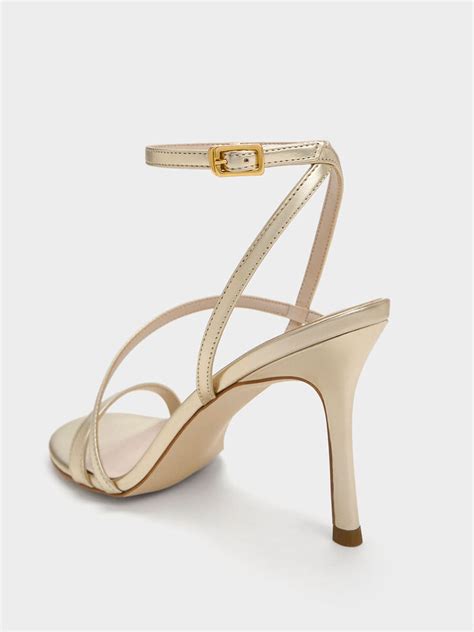 Gold Metallic Asymmetric Strappy Heeled Sandals - CHARLES & KEITH IN