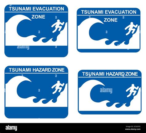 Tsunami warning signs showing evacuation and hazard zones Stock Photo ...