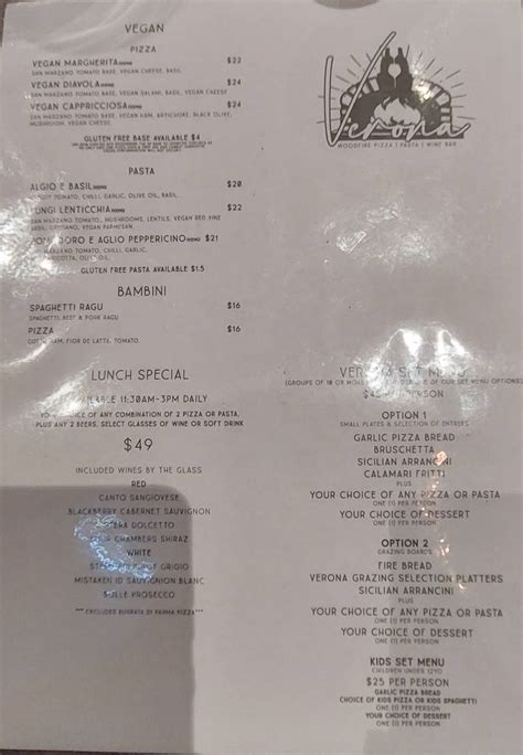 Menu at Verona Pizza & Wine Bar, Birtinya