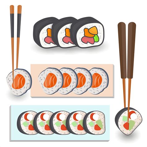 Sushi Set On White Background, Sushi Illustration Asian Food Vector Set ...