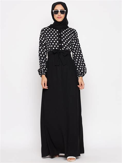 Nabia Women Black & White Polka Dot Printed Abaya with Georgette Scarf