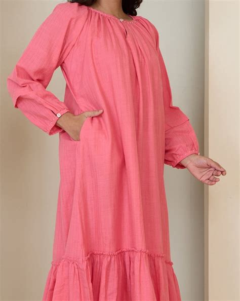 Shop Peach pink gathered maxi dress online at bebaakstudio.com – Bebaak