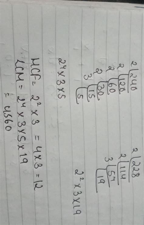 find the HCF and LCM of 240 and 228 by prime factorisation - Brainly.in