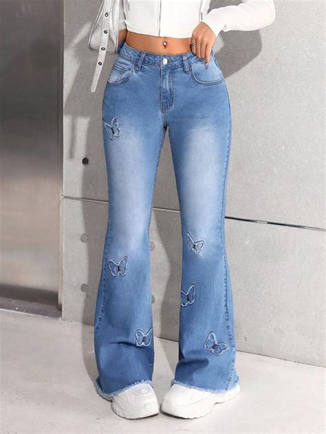 SHEIN Jeansy typu flare dla nastolatek z frędzlami i motylkowym ...