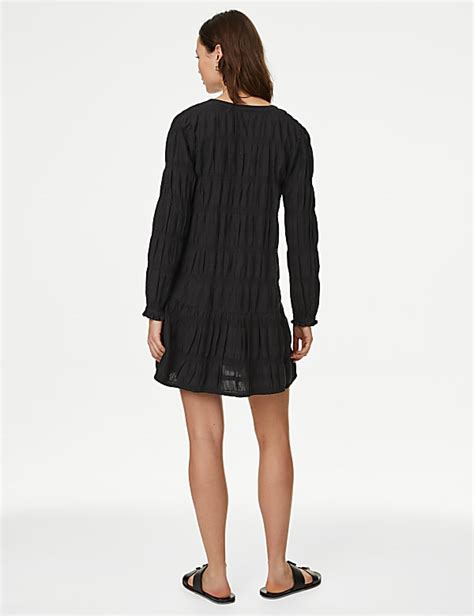 Buy Cotton Rich Textured V-Neck Mini Shift Dress at Marks & Spencer