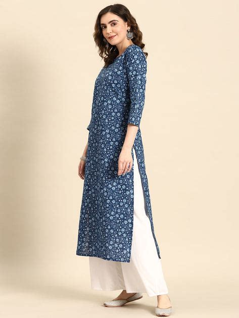 Women Blue Ethnic Printed Straight Kurta with Three Quarter Sleeves ...