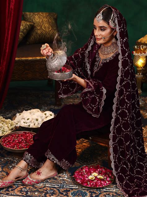 Buy Maroon Yoke Design Velvet Straight Suit With Dupatta Online at Rs ...