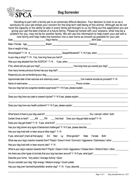 Spca Surrender Form - Fill Online, Printable, Fillable, Blank | pdfFiller