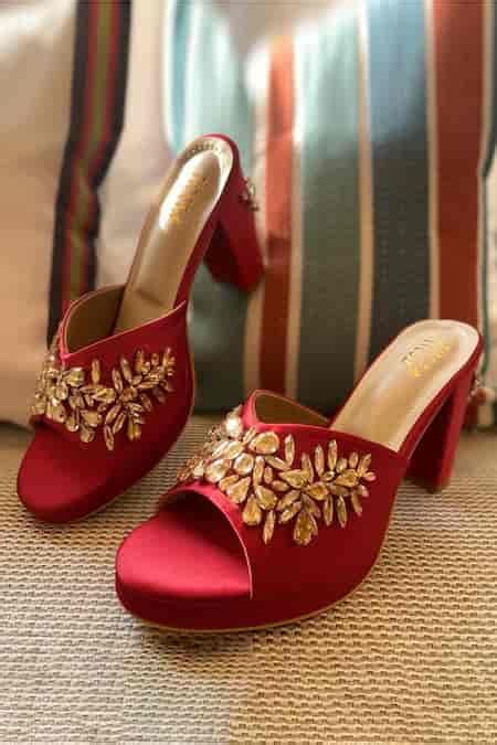 Buy Red Crystals Suede Mule Block Heels by Tiesta Online at Aza Fashions.