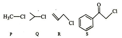 KI in acetone, undergoes `S_(N)2` reaction with each of P,Q,R and S ...