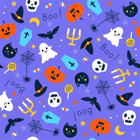 Cute Happy Halloween cartoon seamless pattern vector violet background ...
