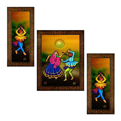 Indianara Set of 3 Folk Dancing Men and Women Paintings (2499) Without ...