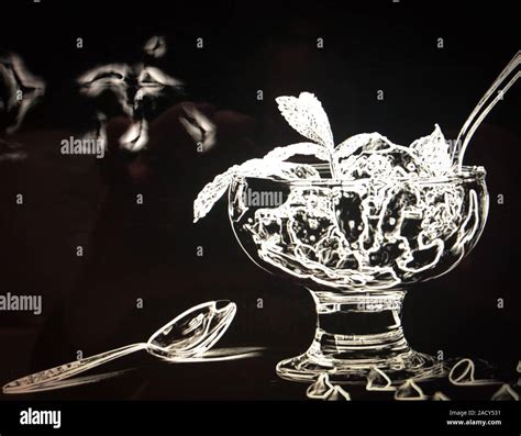 A close up black and white reverse silhouette image of a bowl of chocolate chip mint ice cream ...