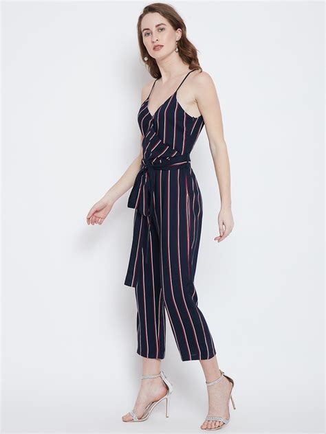 Berrylush Women Navy Blue Striped Pattern V-Neck Waist Tie-Up Culotte