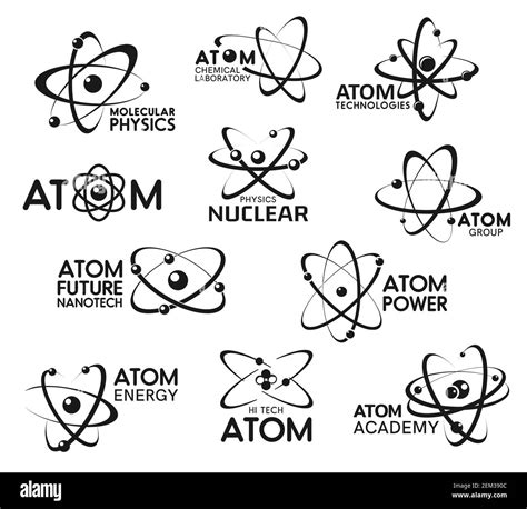 Atom icons, molecular technology and atomic physics signs. Vector ...