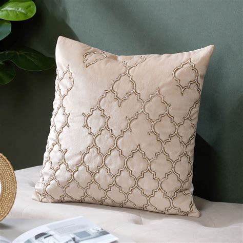 Jaal Karigari Traditional Velvet Cushion Cover Beige 16 x 16 Inch ...