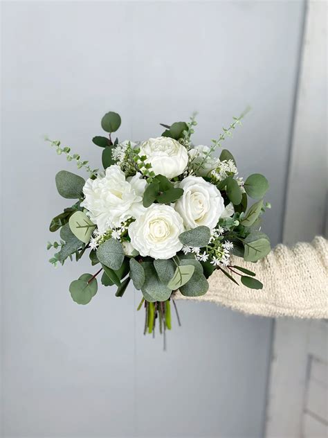 White Bridal Bouquet, Wedding White Rose Bouquet, Boho Flower Bouquet ...