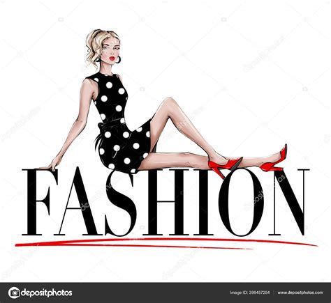 Hand Drawn Beautiful Young Woman Sitting Large Word Fashion Fashion ...