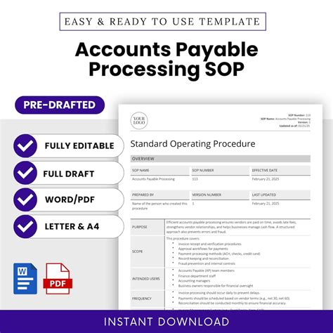 Accounts Payable Processing SOP Template (word, PDF) | Simple Standard Operating Procedure ...