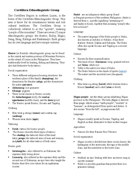 Cordillera Ethnolinguistic Groups: Culture & Traditions Overview - Studocu