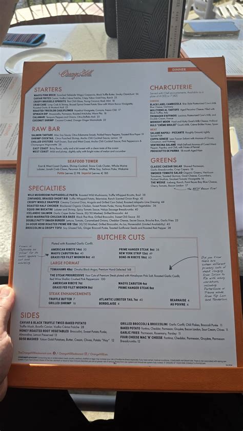 Menu at Orange Hill restaurant, Orange