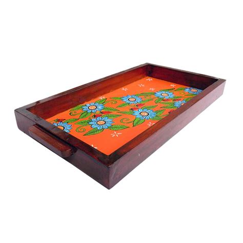 Orange Color Floral Design Handmade Painting Wooden Tray