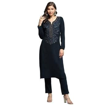 Buy Monte Carlo Womens Self Design Teal V Neck Full Sleeve Kurti Set ...