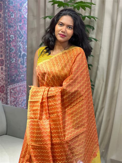 Block Print & Cross Stitch Embroidered Muga Check Organza Saree | JSC4 ...