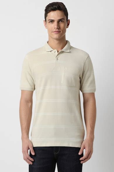 Buy Men Beige Stripe Polo Neck Collar T-shirt Online - 945786 | Peter ...
