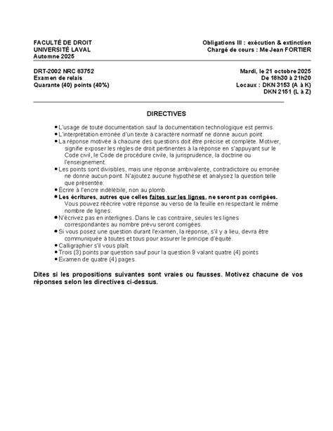 DRT 2002 Examen de Relais - Obligations: Exécution et Extinction - Studocu