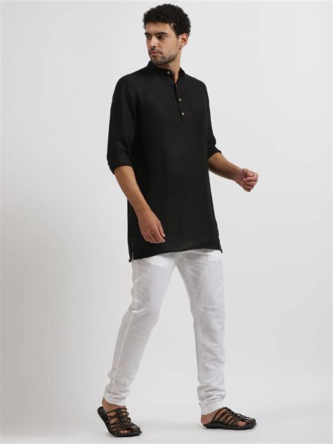 Black Full Sleeve Pure Linen Short Kurta – Linen Trail