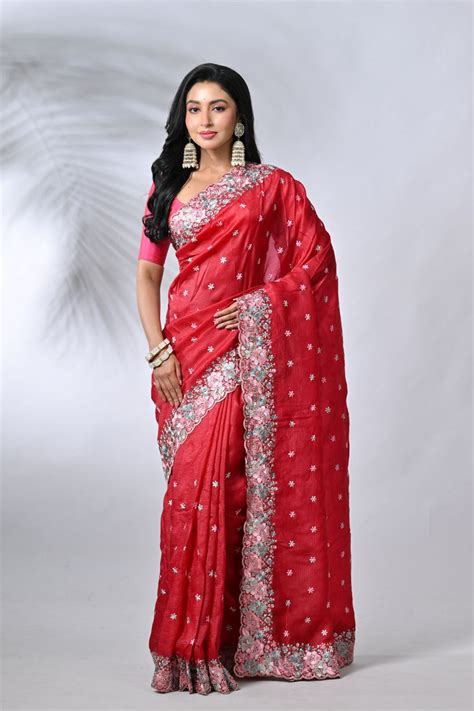 Red Organza Kora Embroidery Saree | Kashmiri Border Wedding Wear – Rangoli